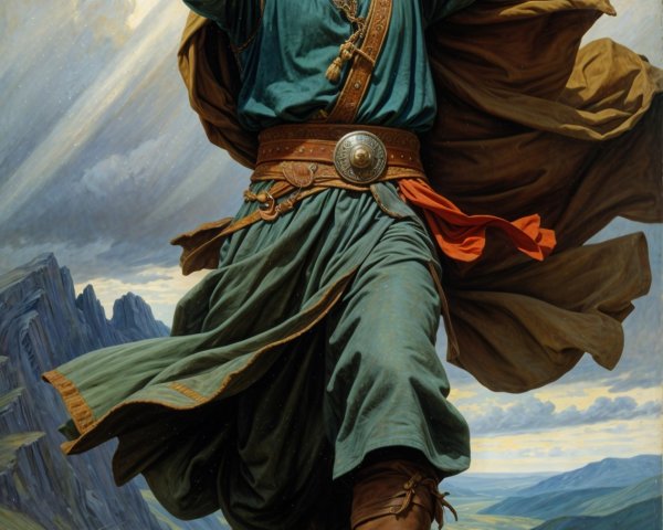 Heroic figure on grassy hill with dramatic sky