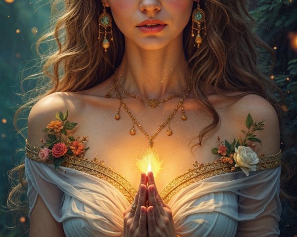 Mystical figure in enchanting forest with floral crown