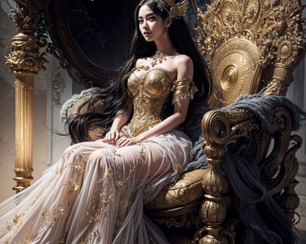 Regal Figure on Lavish Golden Throne with Elegant Backdrop