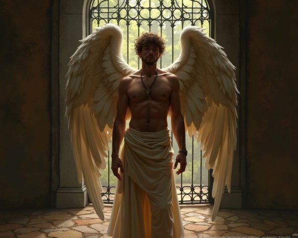 Muscular Figure with Wings in Serene Toga Setting