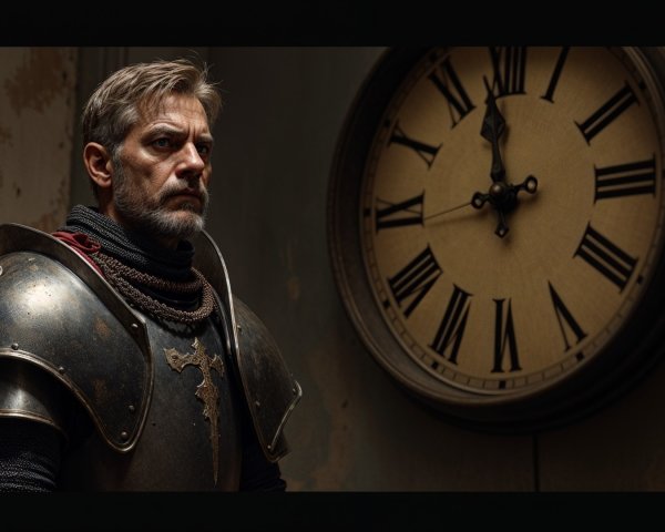 Weathered Knight in Armor Reflects on Time's Passage
