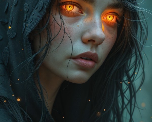 Mysterious figure in a misty forest with glowing eyes