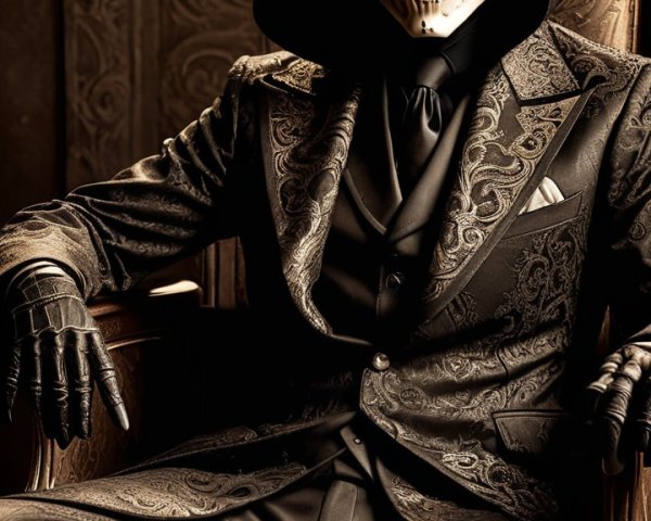 Stylish Figure in Ornate Chair with Macabre Elements