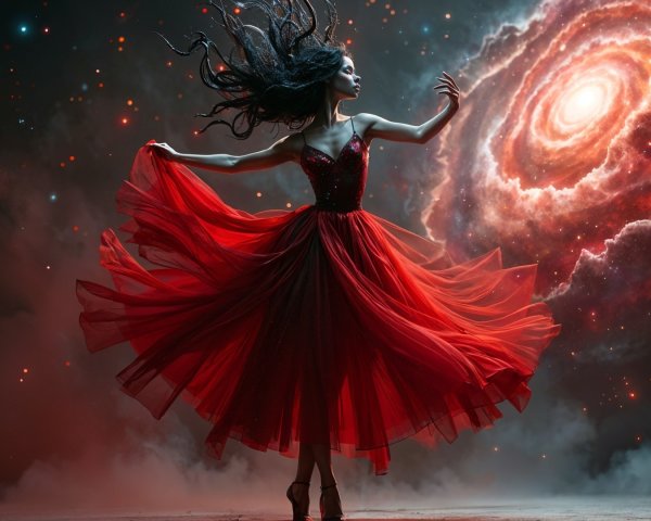 Dancer in Red Gown Against Cosmic Galaxy Background