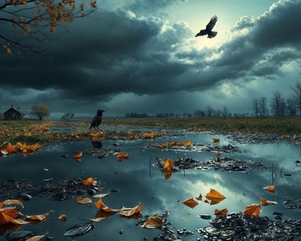 Serene Landscape with Dramatic Clouds and Autumn Leaves