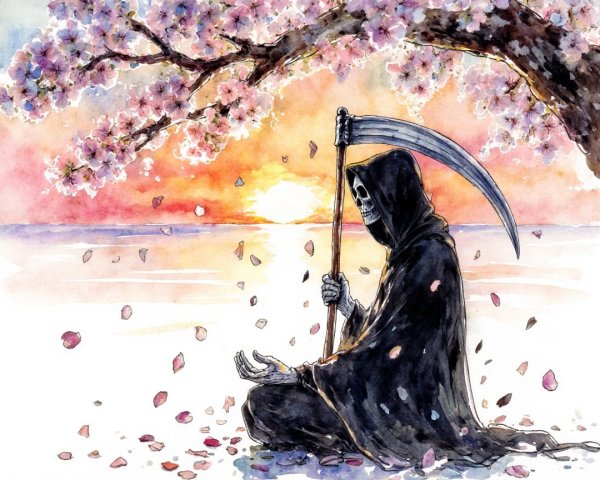 Cloaked Figure Under Cherry Tree at Sunset