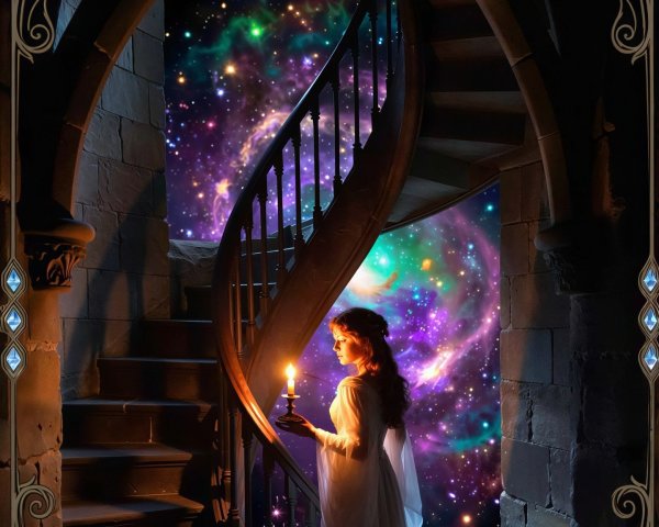Digital Painting of Woman by Spiral Staircase and Galaxy