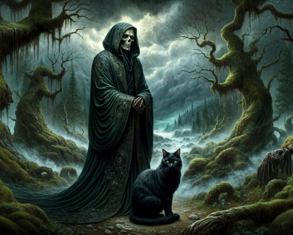 Cloaked Figure and Cat in a Mystical Forest Scene