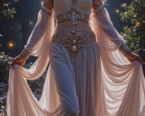 Mystical Figure in Ethereal Garments in Forest