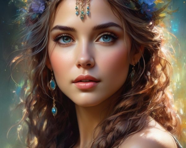 Young woman with floral crown and ornate jewelry