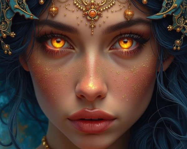 Portrait of a Young Woman with Blue Hair and Golden Accents