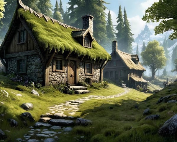 Cozy fantasy village in a green valley with mountains