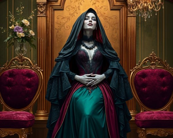 Regal figure on an ornate throne in gothic setting