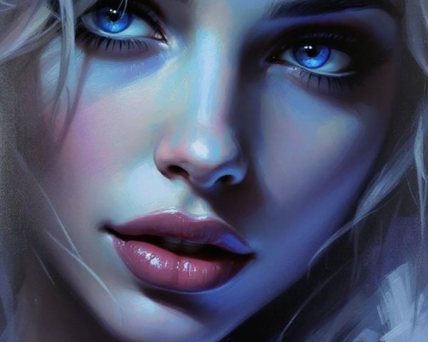 Close-up of a young woman with blue eyes and glowing skin