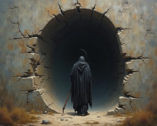 Cloaked Figure at Dark Tunnel Entrance with Sparse Vegetation