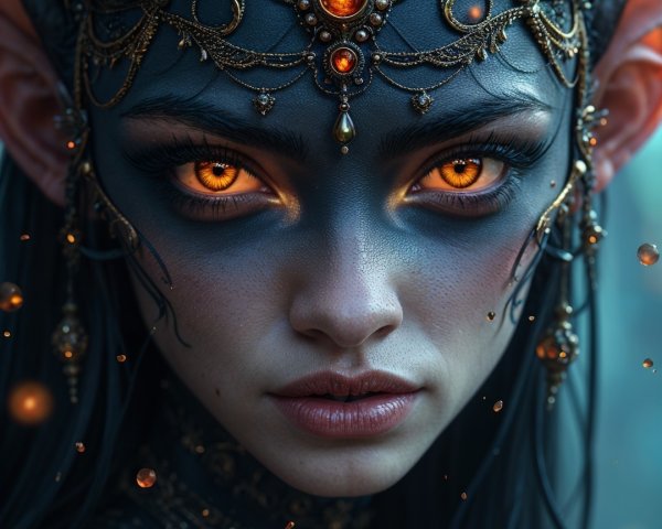 Mystical Figure with Dark Hair and Ornate Horns