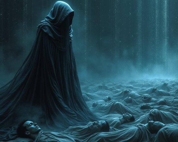 Cloaked Figure Over Motionless Forms in Misty Scene