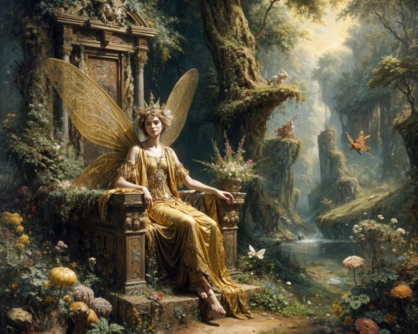 Regal Fairy Queen in Enchanted Forest Scene