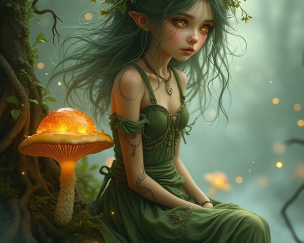 Fairy in a Mystical Forest with Glowing Mushrooms