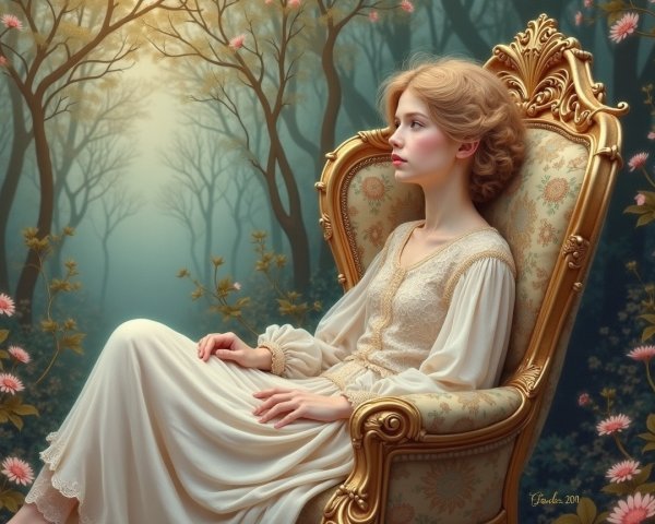 Young Woman in White Gown in Enchanted Forest Setting