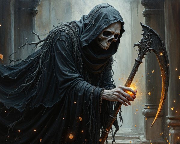 Dark Hooded Figure with Scythe and Glowing Orb