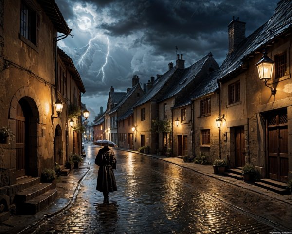 Dimly Lit Cobblestone Street Under Stormy Sky
