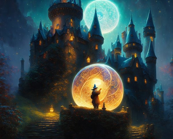 Mystical castle and wizard under a starry night sky