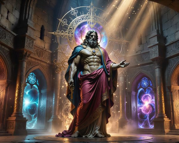 Ethereal man in temple dungeon with dramatic lighting