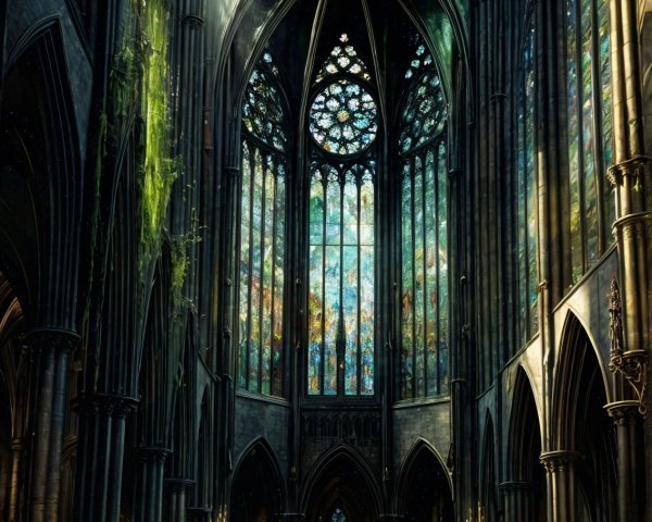 Gothic Cathedral Interior with Stained Glass and Moss