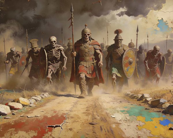 Skeletal Roman Soldiers Marching on Dusty Road