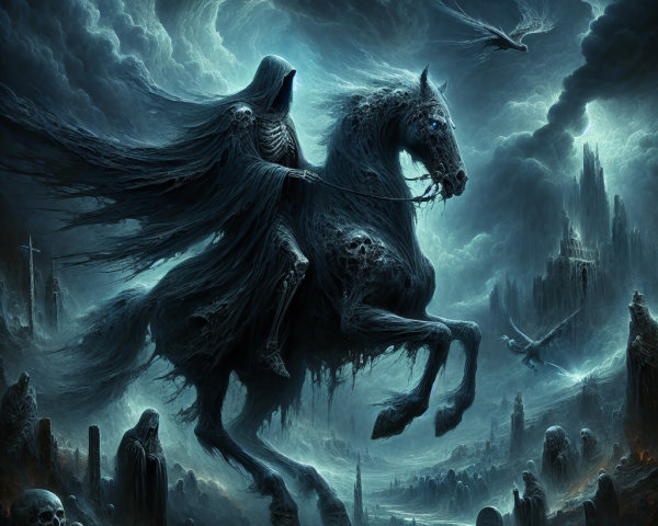 Ethereal Figure on Skeletal Horse in Haunting Landscape