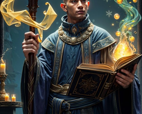 Mysterious Figure in Blue Robes with Glowing Staff