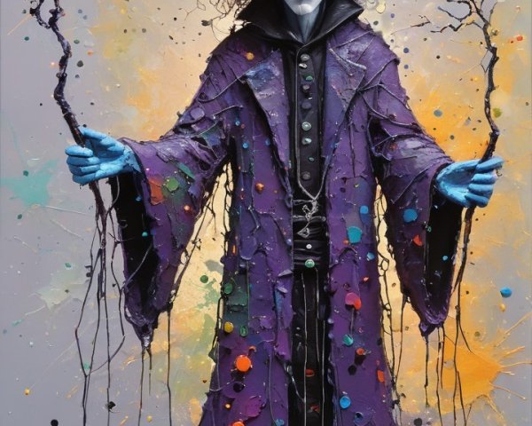 Sinister Figure in Tattered Purple Robe with Branches