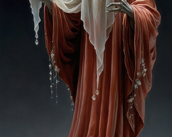 Mysterious Figure in Red Fabric with Skull Object