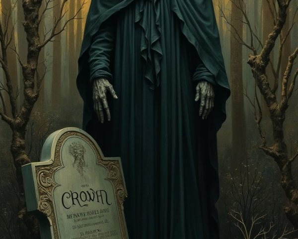 Cloaked Figure in Misty Forest by Gravestone