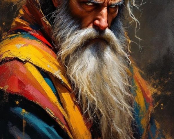 Elderly figure with white hair and colorful robe