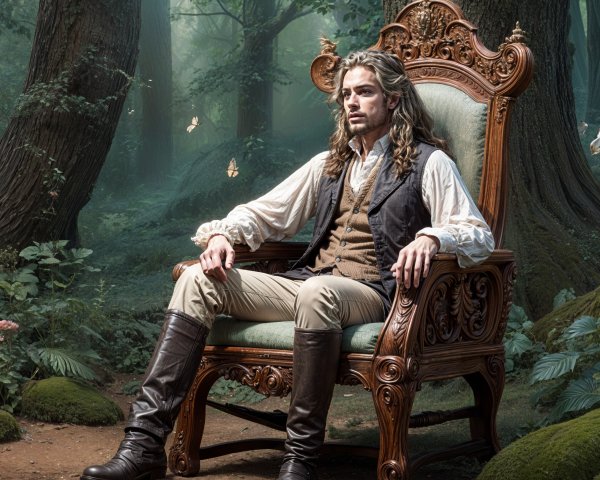 Young man on ornate throne in enchanted forest