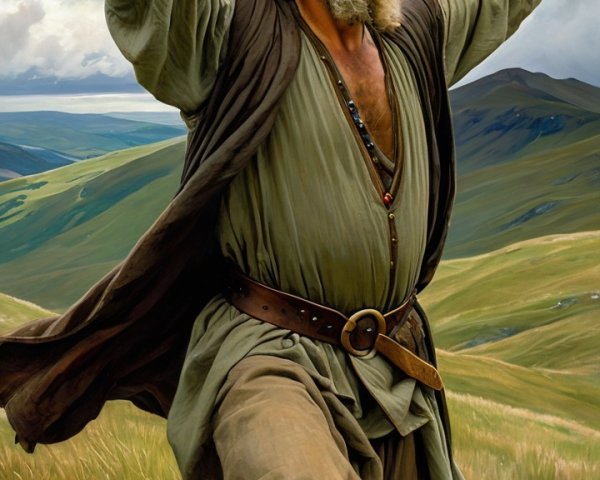 Rugged Figure Celebrating on Grassy Hilltop