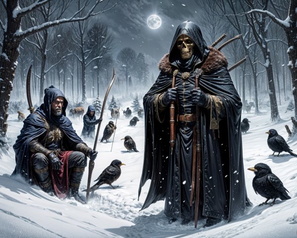 Cloaked Figures in a Snowy, Moonlit Forest Scene