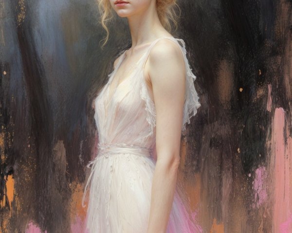 Young Woman in Ethereal Setting with Flowing Dress