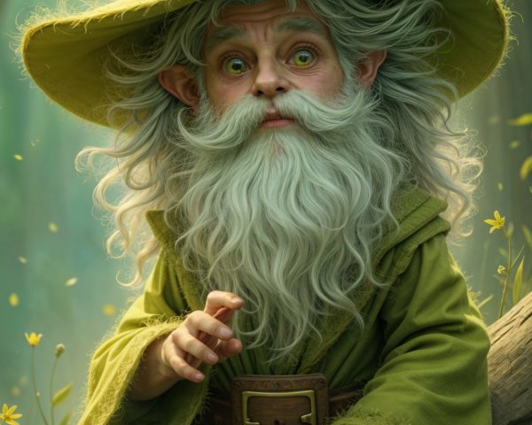Whimsical Gnome on Mossy Log in Vibrant Forest