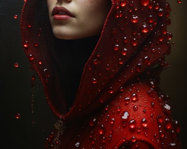 Young Woman in Red Cloak with Water Droplets