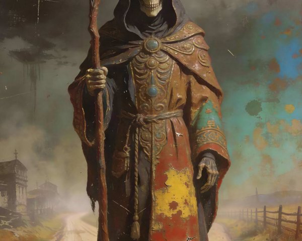 Skeletal Figure in Dark Hood and Colorful Robe