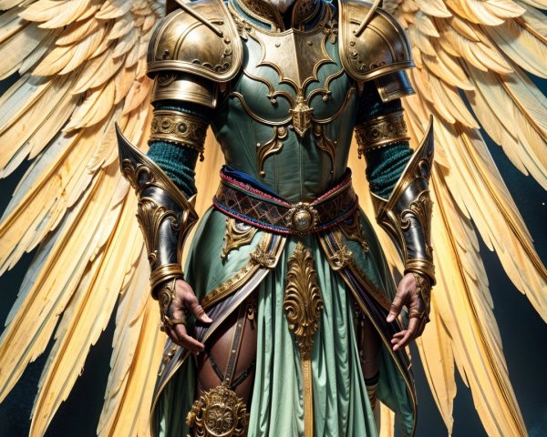 Majestic armored figure with celestial wings and robe
