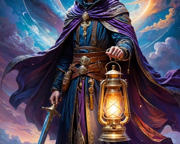 Majestic figure in robes with lantern and sword