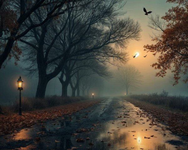 Serene Autumn Sunset Over a Misty Lane