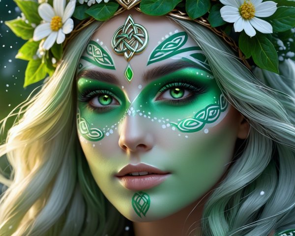 Woman with Green Face Paint in Enchanting Setting