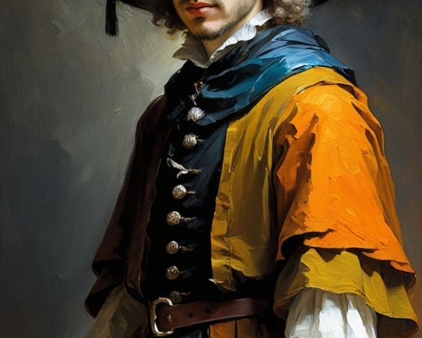 Young man in orange and blue costume with black hat