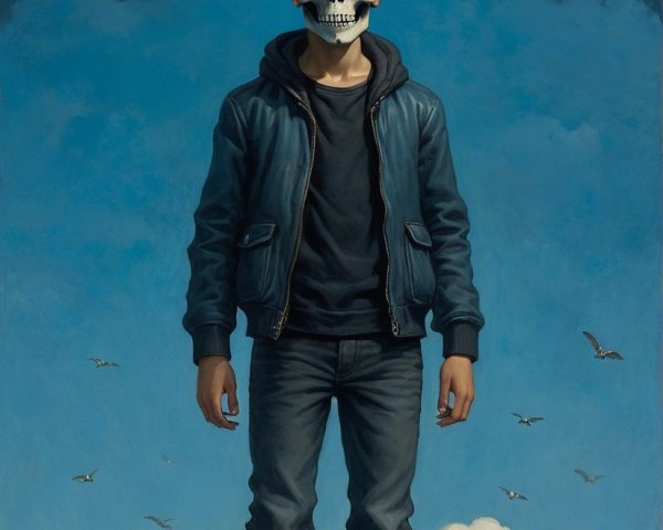 Figure in Hoodie on Cloud with Skull Head Symbolism
