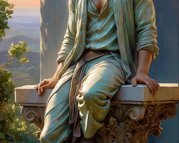 Young man in light-green outfit on classical column